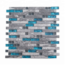 Glossy Strip Stone and Blue Marble Glass Mosaic Tile for Kitchen Backsplash